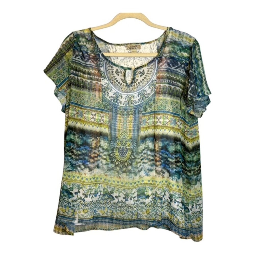 One World Blouse Women's Size XL Tank Lightweight Sheer Lace Blue Green‎